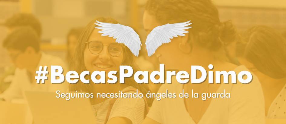 A promotional banner for '#BecasPadreDimo' featuring a smiling young woman with graphic angel wings and a text overlay advocating for guardian angels.