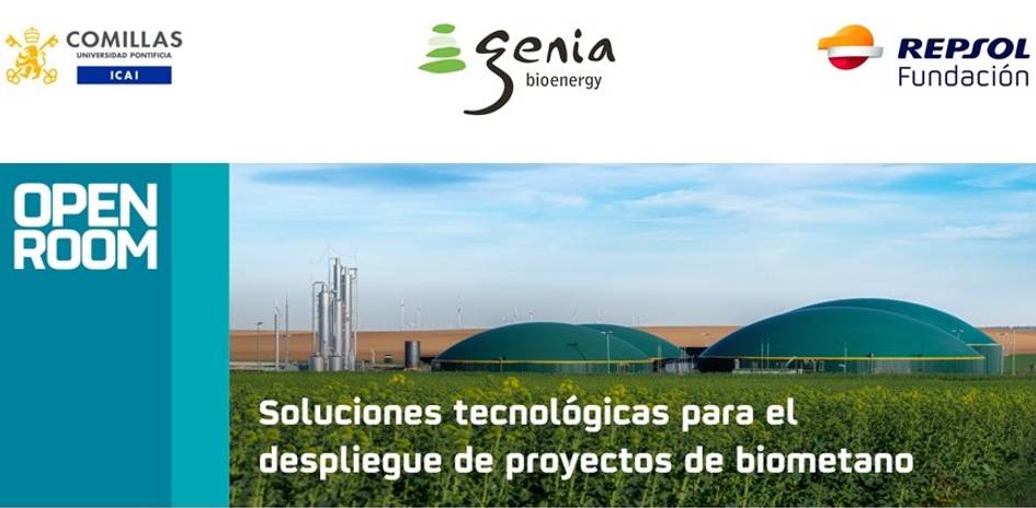 A promotional banner for a collaborative project featuring green energy solutions, specifically for biomethane projects, with logos of Comillas University, Genia Bioenergy, and Repsol Foundation.