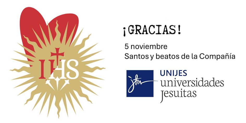 A graphic with symbols related to the Jesuits, including a heart with a flame, cross, and the letters IHS, alongside text that expresses gratitude and mentions the Jesuit universities.