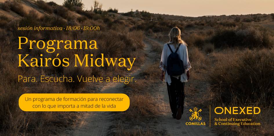 Una persona camina por un sendero al atardecer mientras se presenta un programa de formación llamado Kairós Midway.