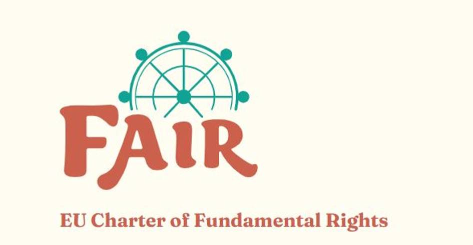 Logo with the word 'FAIR', a stylized globe above it, and the text 'EU Charter of Fundamental Rights' below.