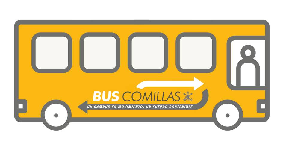Un autobús amarillo con el logo de BUS COMILLAS que promueve un campus en movimiento y un futuro sostenible.