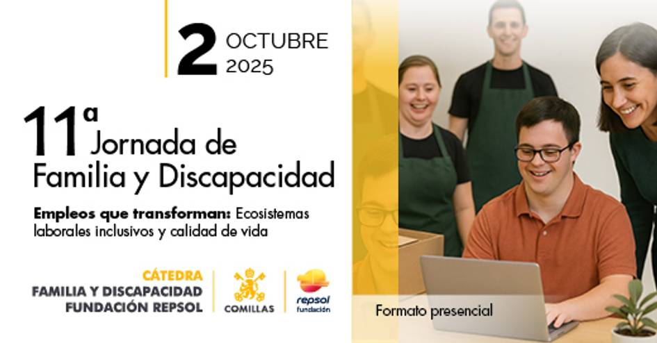 La imagen promociona la 11ª Jornada de Familia y Discapacidad, destacando la importancia de empleos inclusivos.