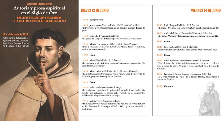 A promotional poster for a seminar about authorship and spiritual prose in the 16th century, featuring a schedule of events and artistic images of historical figures.