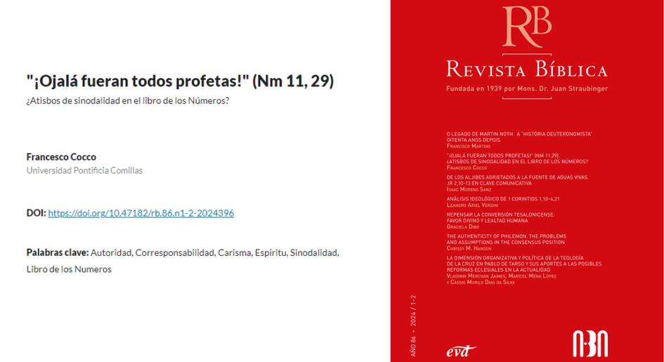 This image shows the cover of 'Revista Bíblica' featuring an article titled '¡Ojalá fueran todos profetas! (Nm 11, 29)' by Francesco Cocco.