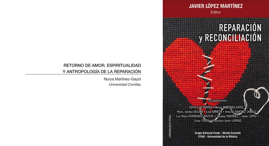 A book cover titled 'REPARACIÓN Y RECONCILIACIÓN' featuring a broken heart stitched together against a black textured background.