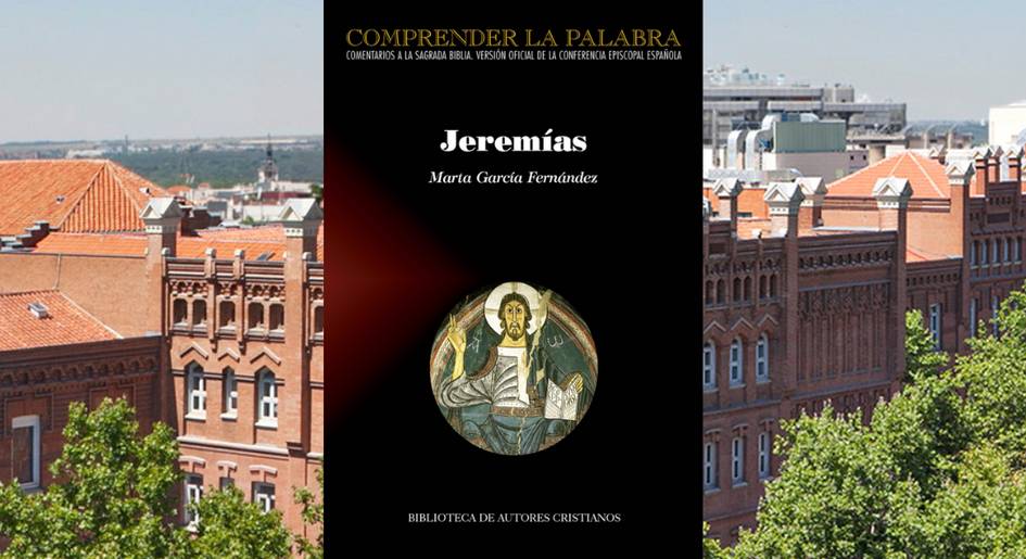 The image shows a book titled 'Jeremías' by Marta García Fernández displayed against a city skyline.