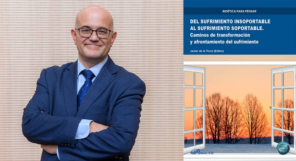 A man in a business suit standing confidently with crossed arms in an office setting, next to a cover image of a book titled 'DEL SUFRIMIENTO INSOPORTABLE AL SUFRIMIENTO SOPORTABLE: Caminos de transformación y afrontamiento del sufrimiento'.