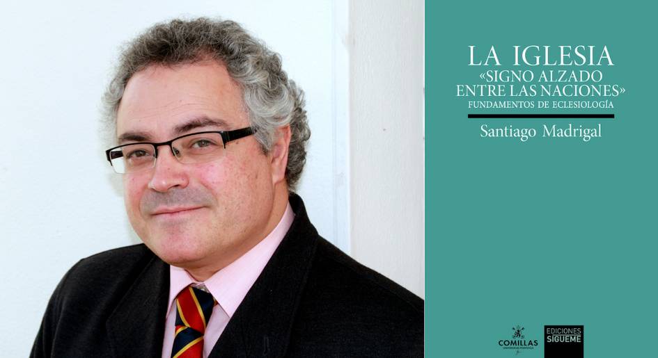 Man in a suit with glasses posing for a portrait alongside a book cover titled 'LA IGLESIA “SIGNO ALZADO ENTRE LAS NACIONES” - Santiago Madrigal.'