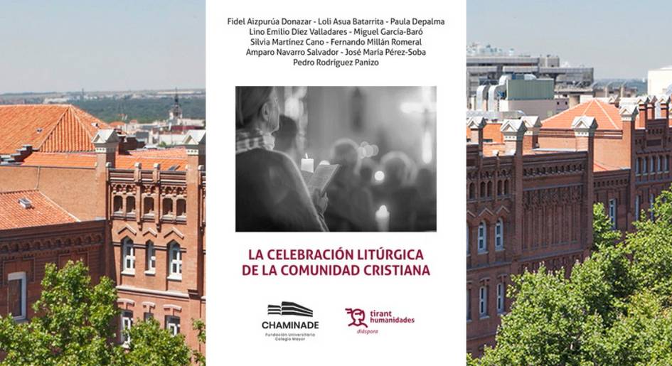 An advertisement banner featuring a book titled 'LA CELEBRACIÓN LITÚRGICA DE LA COMUNIDAD CRISTIANA' over a blurred image of people in a gathering, with a clear cityscape at the top.