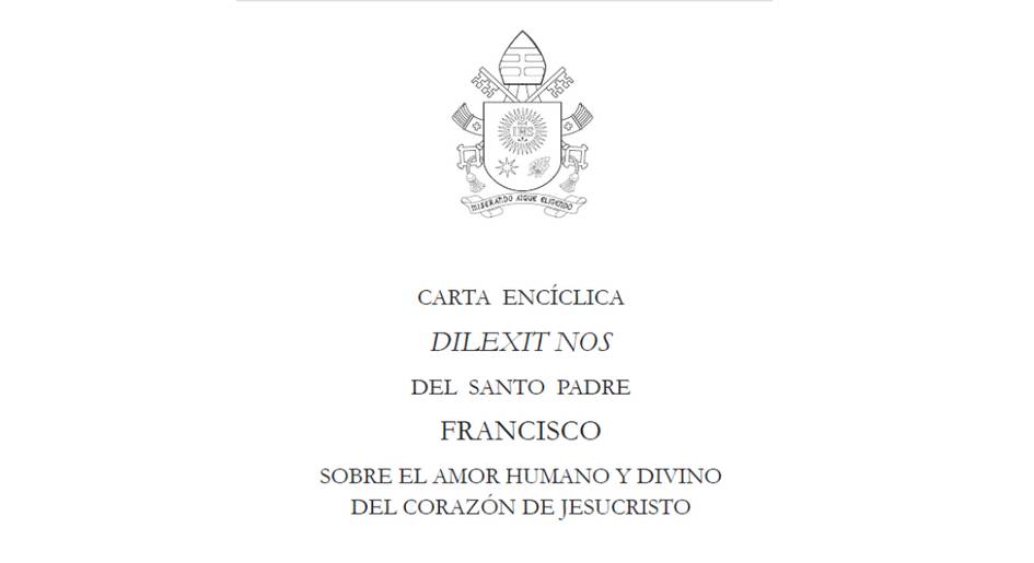 The image shows the title page of an encyclical letter 'Dilexit Nos' by Pope Francis about human and divine love from the heart of Jesus Christ.