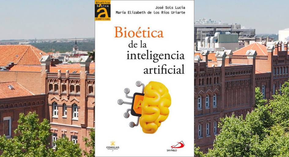 La imagen muestra la portada de un libro titulado 'Bioética de la inteligencia artificial' sobre un fondo de edificios urbanos.