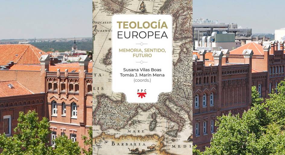 La imagen muestra un libro titulado 'Teología Europea' superpuesto sobre un fondo urbano.