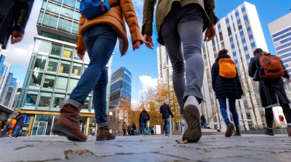 Un grupo de personas camina por una calle urbana rodeada de edificios modernos.