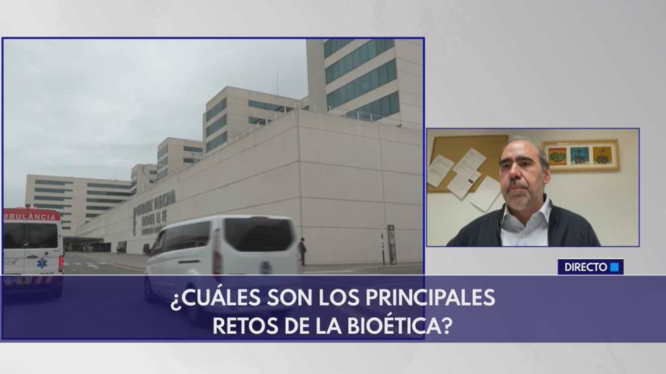 A split-screen image showing a hospital building on the left and a man speaking in an indoor setting on the right, with a caption about bioethics challenges.