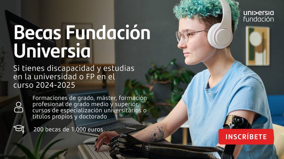 A young person with blue hair wearing headphones is studying in front of a computer, an advertisement for 'Becas Fundación Universia' scholarships.