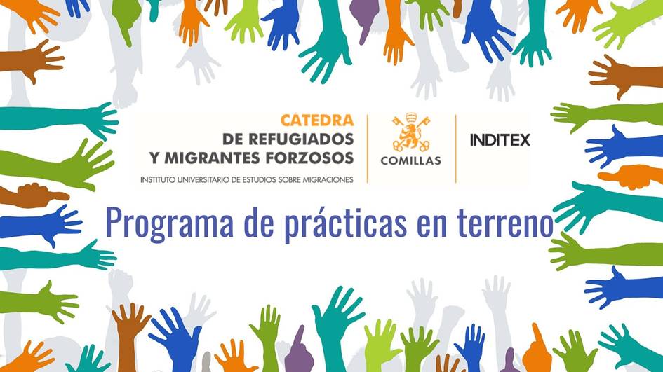 A promotional image for a refugee and forced migrant internship program showing colorful hand silhouettes and Spanish text.