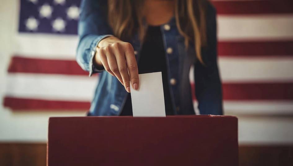 A person casting a ballot in a voting box with an American flag in the background.