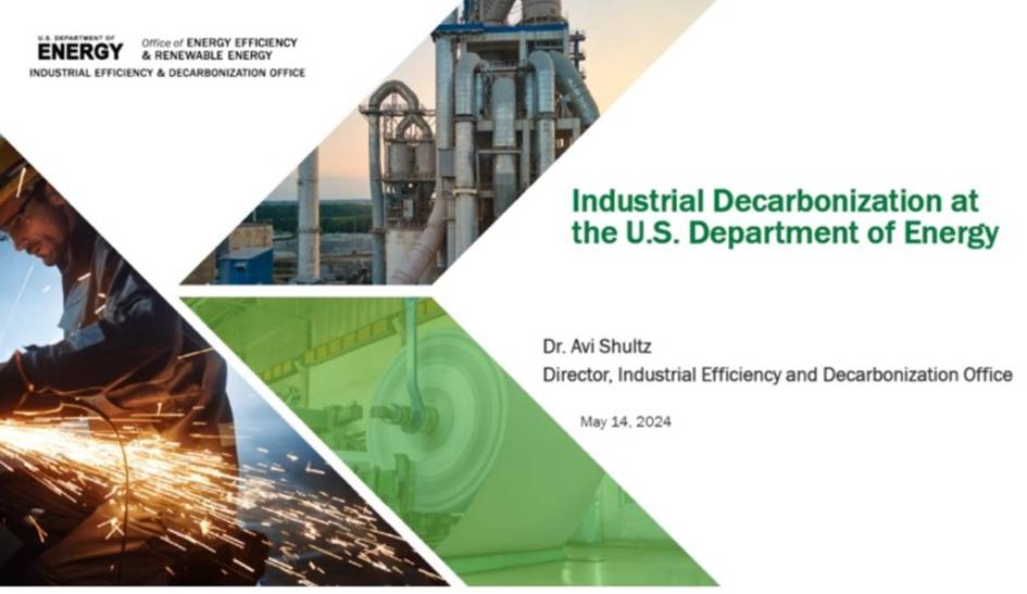 A promotional image for a presentation on Industrial Decarbonization at the U.S. Department of Energy, featuring various industrial imagery.