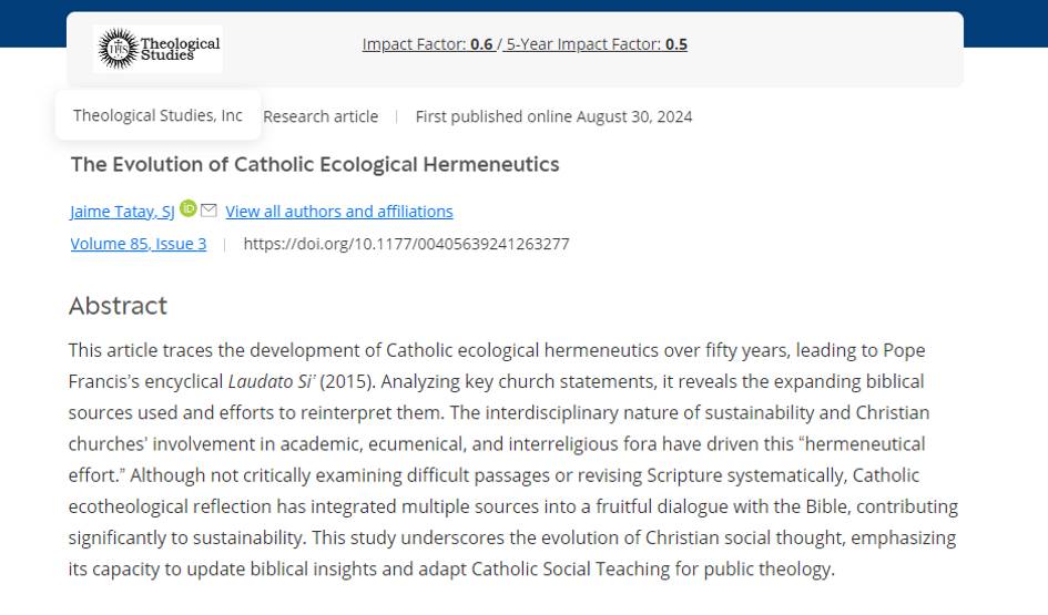 This is a screenshot of a webpage from 'Theological Studies' showing an article titled 'The Evolution of Catholic Ecological Hermeneutics'.