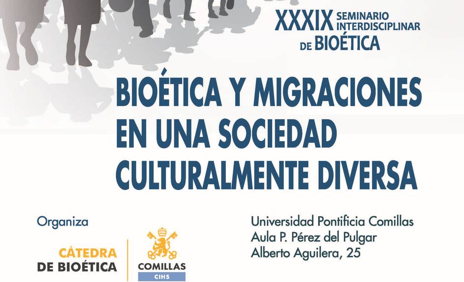 El cartel anuncia un seminario sobre bioética y migraciones en una sociedad diversa.