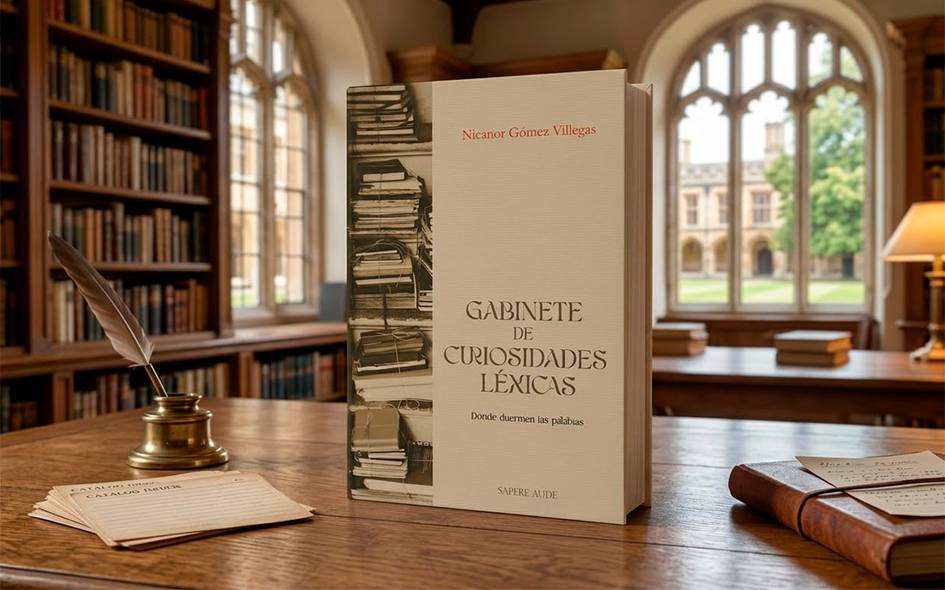 Un libro titulado 'Gabinete de Curiosidades Léxicas' está en una mesa en una biblioteca con estanterías llenas de libros al fondo.