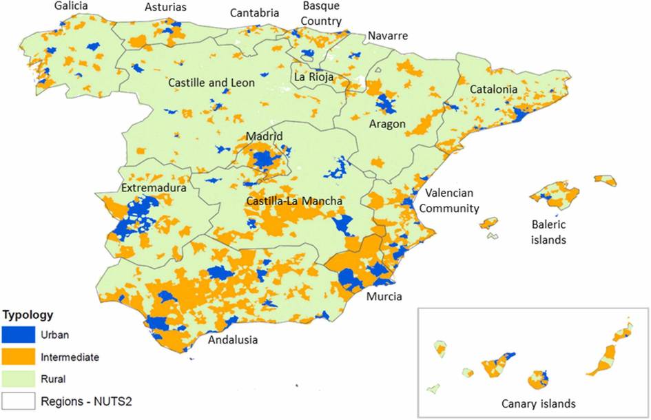 Mapa de España que muestra la clasificación de áreas en tipologías urbana, intermedia y rural.