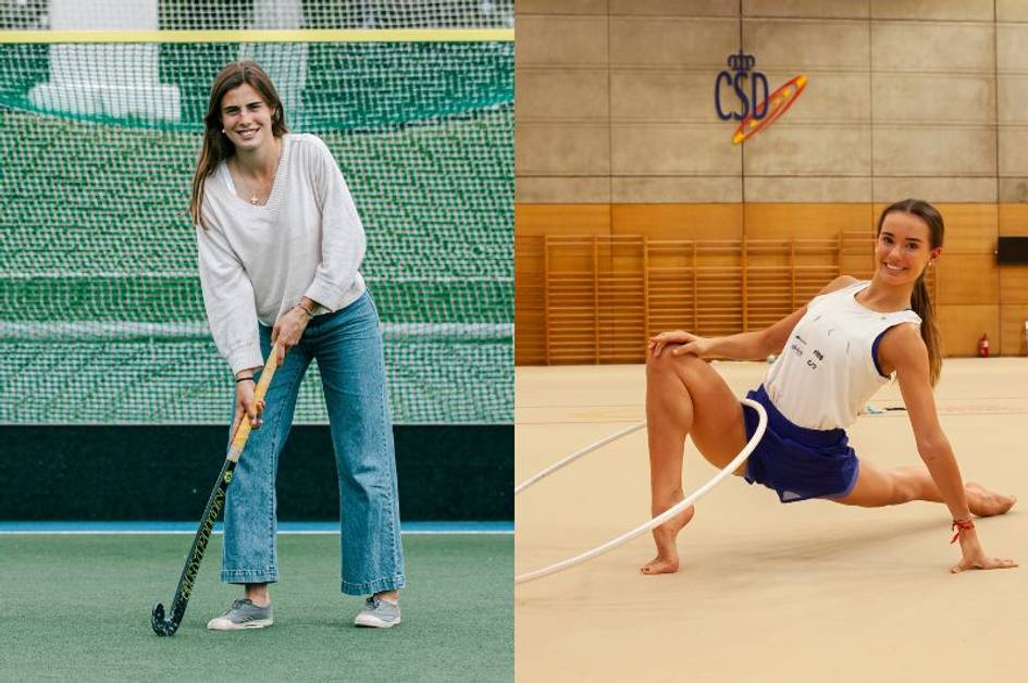 The image shows two women engaged in sports activities; one is holding a field hockey stick, and the other is performing a stretch with a hoop on a gym floor.