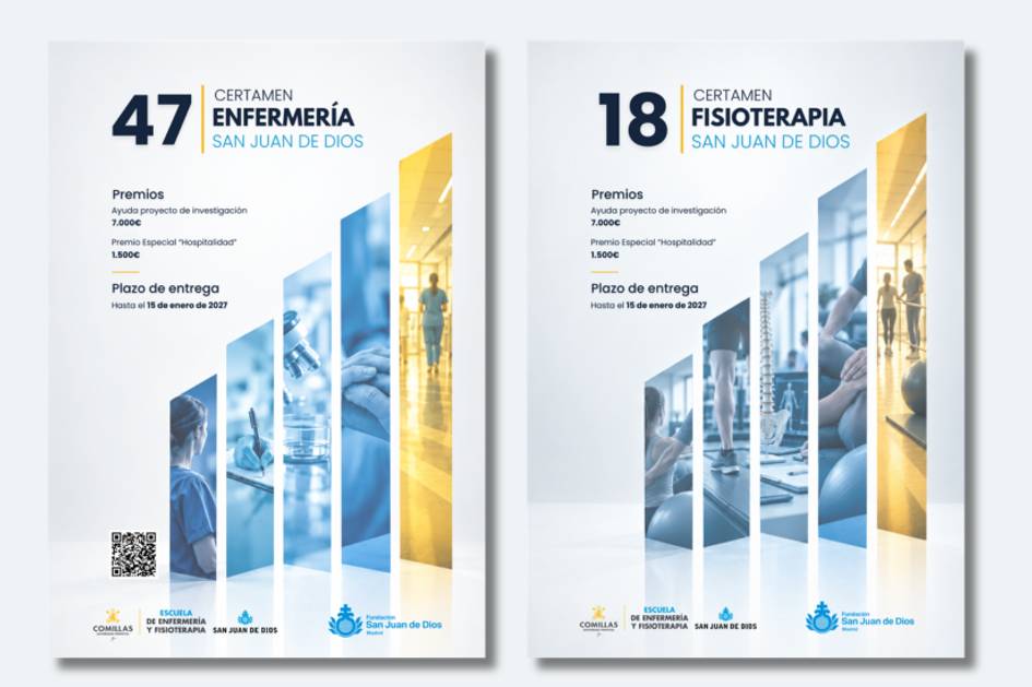 Carteles informativos sobre los certámenes de Enfermería y Fisioterapia en San Juan de Dios.