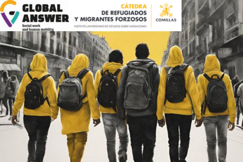 A black and white image of a city street scene with five individuals wearing vibrant yellow jackets and backpacks walking away from the viewer, symbolizing refugees or migrants, highlighted against a monochrome background.
