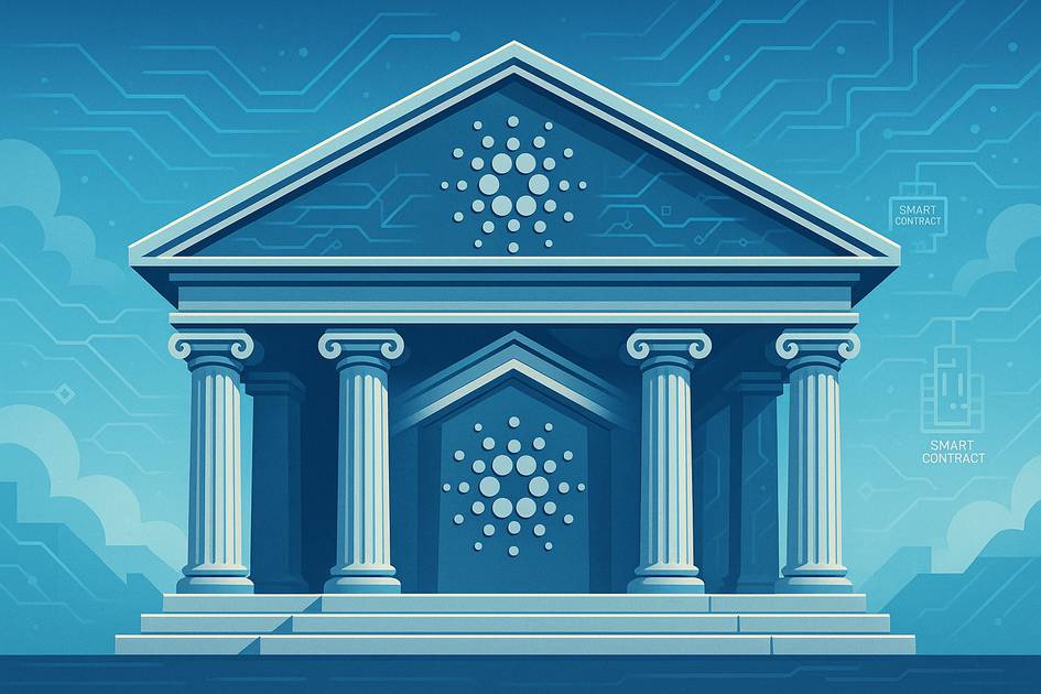 La imagen muestra un edificio estilizado con columnas y elementos gráficos que sugieren tecnología blockchain.