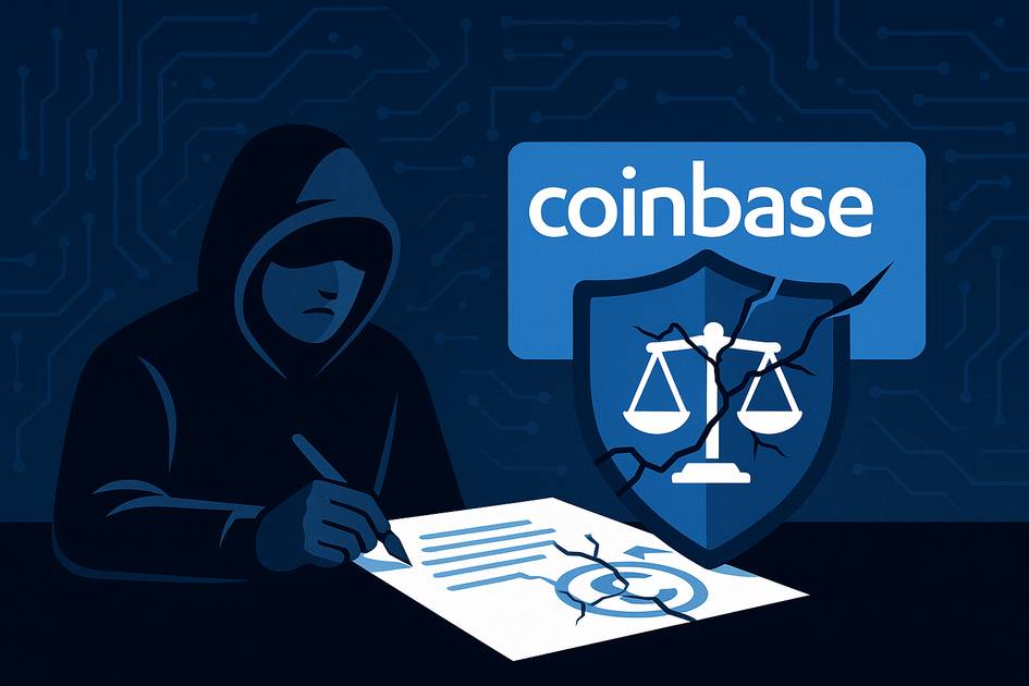 Un individuo encapuchado escribe en un documento mientras hay un escudo con el logo de Coinbase y un símbolo de justicia en la imagen.