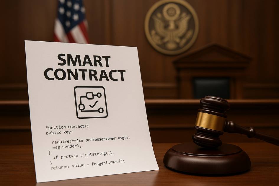 La imagen muestra un cartel sobre contratos inteligentes en un entorno judicial.