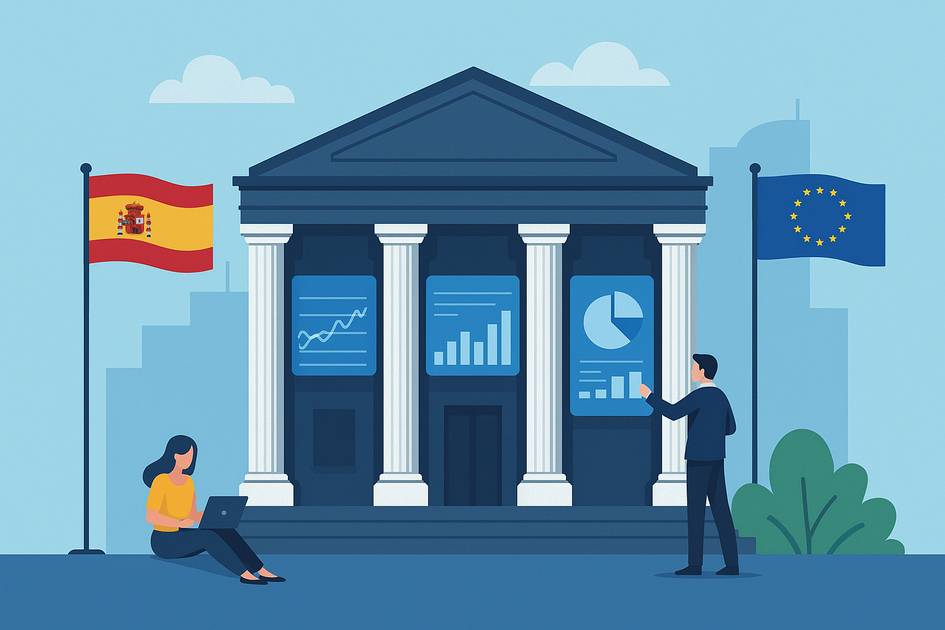 Un edificio gubernamental con banderas de España y la Unión Europea, donde una persona trabaja en una laptop y otra presenta gráficos.