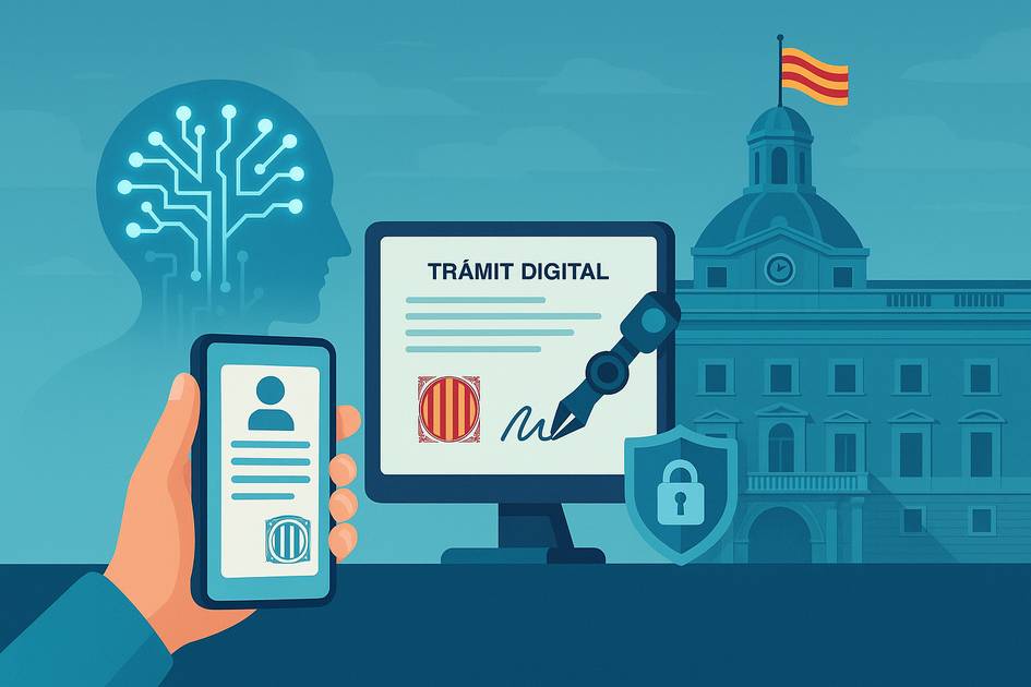 La imagen muestra un entorno digital con un teléfono móvil y una computadora que representa un trámite digital con un escudo de seguridad.