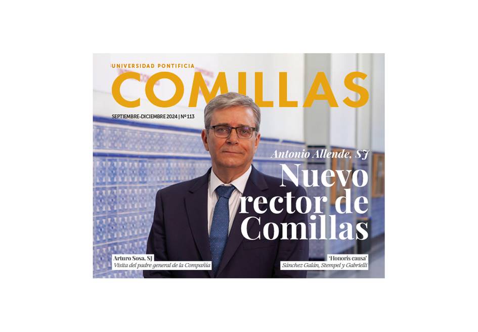 Portada de una revista con un hombre de traje y el título 'Nuevo rector de Comillas'.