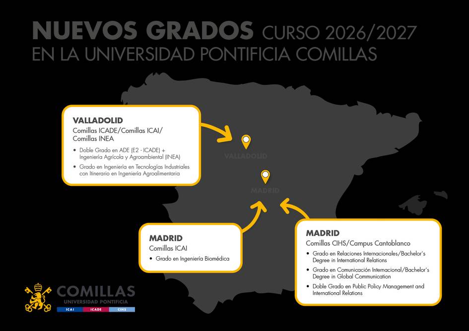 Mapa de España destacando nuevos grados para el curso 2026/2027 en la Universidad Pontificia Comillas.