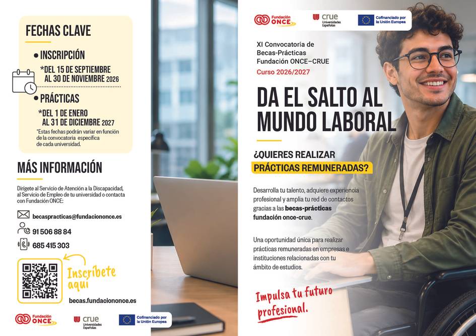 La imagen muestra un folleto informativo sobre oportunidades de prácticas laborales para estudiantes con discapacidad.
