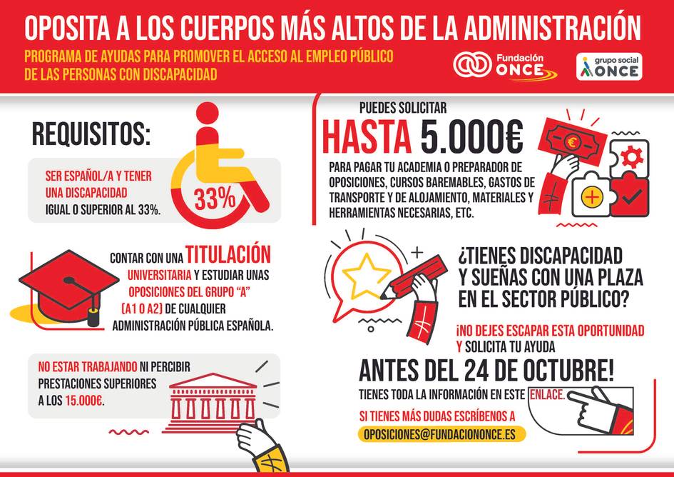 The image is an informational advertisement for a program encouraging disabled individuals to apply for high-level public administration roles in Spain, offering assistance and outlining the eligibility criteria and benefits.