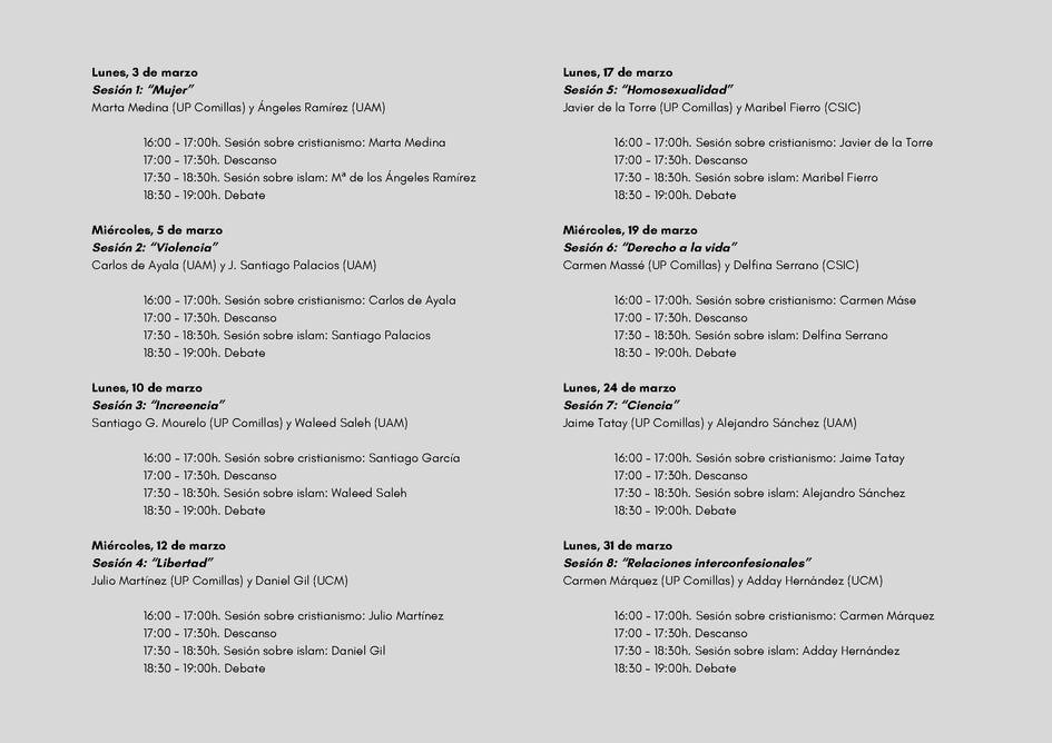 Horario detallado de un programa de conferencias, organizado por días y con nombres de participantes y títulos de sesiones.