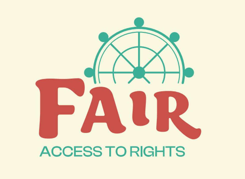 La imagen muestra el texto 'FAIR' y 'ACCESS TO RIGHTS' con un gráfico de un timón en la parte superior.