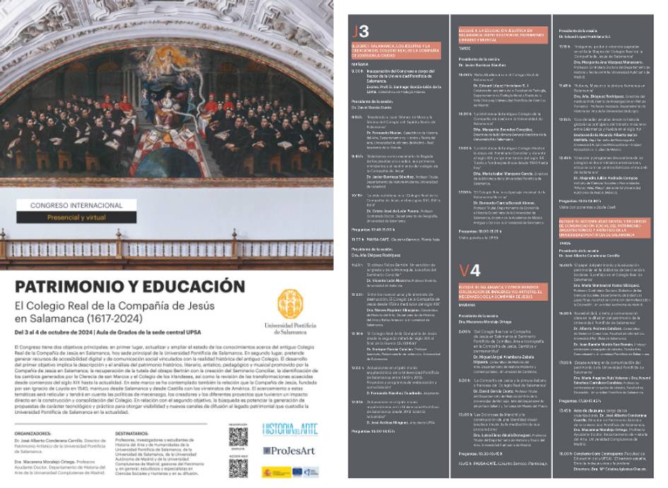 This image shows a promotional leaflet for an international congress titled 'Heritage and Education' at the Royal College of the Company of Jesus in Salamanca, featuring a photo of a distinguished interior with people and impressive classical artwork in the background.