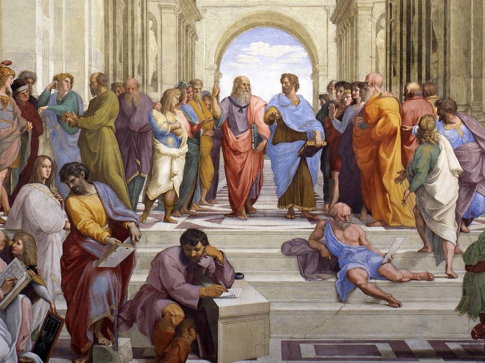 La imagen representa una escena de filósofos y académicos dialogando en un ambiente académico clásico.