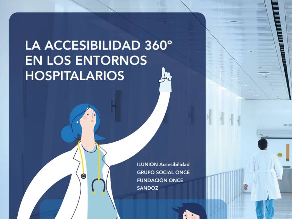 Illustrative poster showing a female nurse interacting with a technology interface in a hospital corridor, with text about 360-degree accessibility in hospital environments.