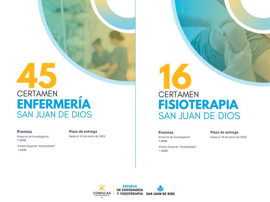 A promotional poster for nursing and physiotherapy contests at the San Juan de Dios school.