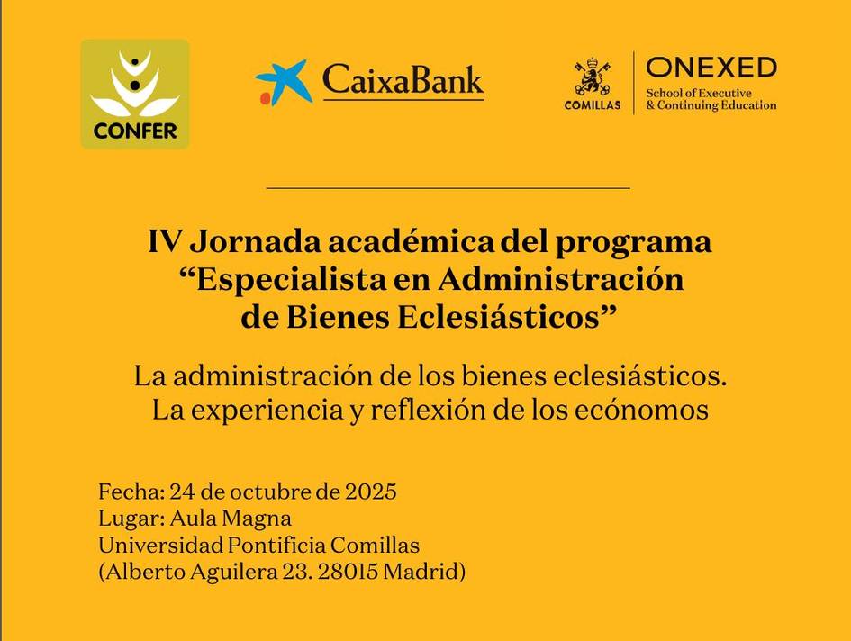 Cartel informativo sobre la IV Jornada académica de un programa de especialista en administración de bienes eclesiásticos.