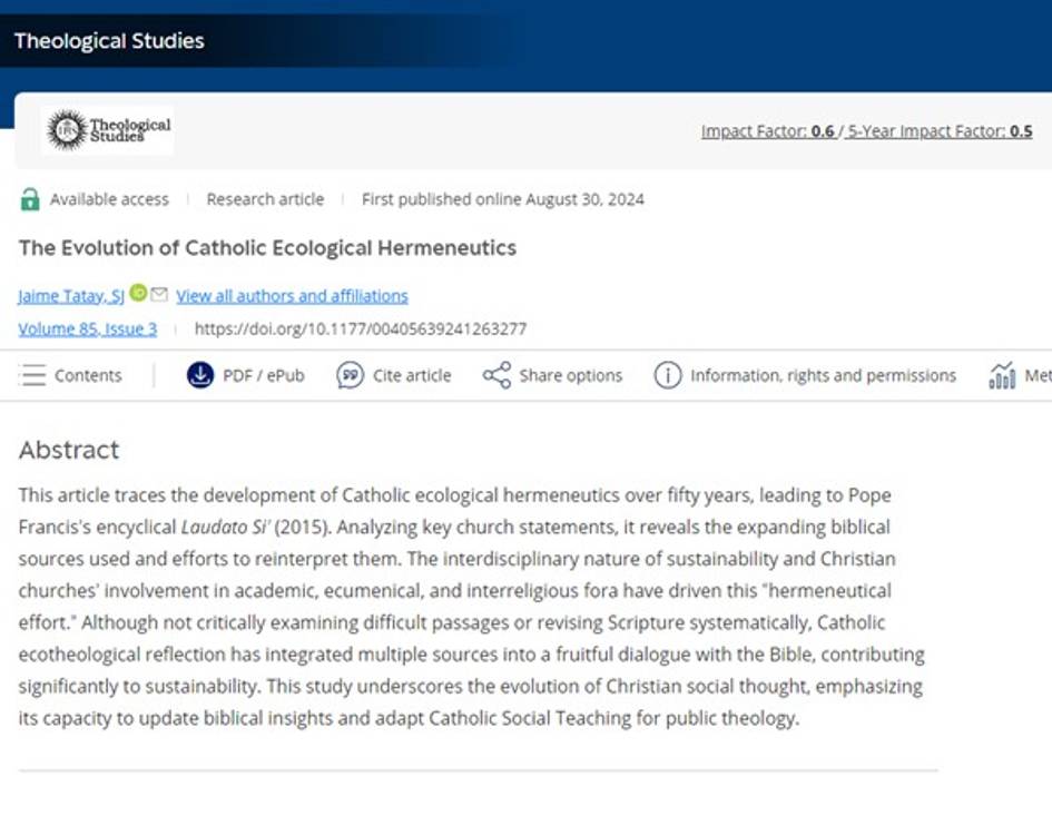 Screenshot of a scientific article titled 'The Evolution of Catholic Ecological Hermeneutics' from Theological Studies journal, highlighting the abstract section.