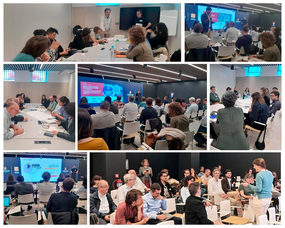 Reunión dinámica con varias personas interactuando y presentaciones en una sala moderna.