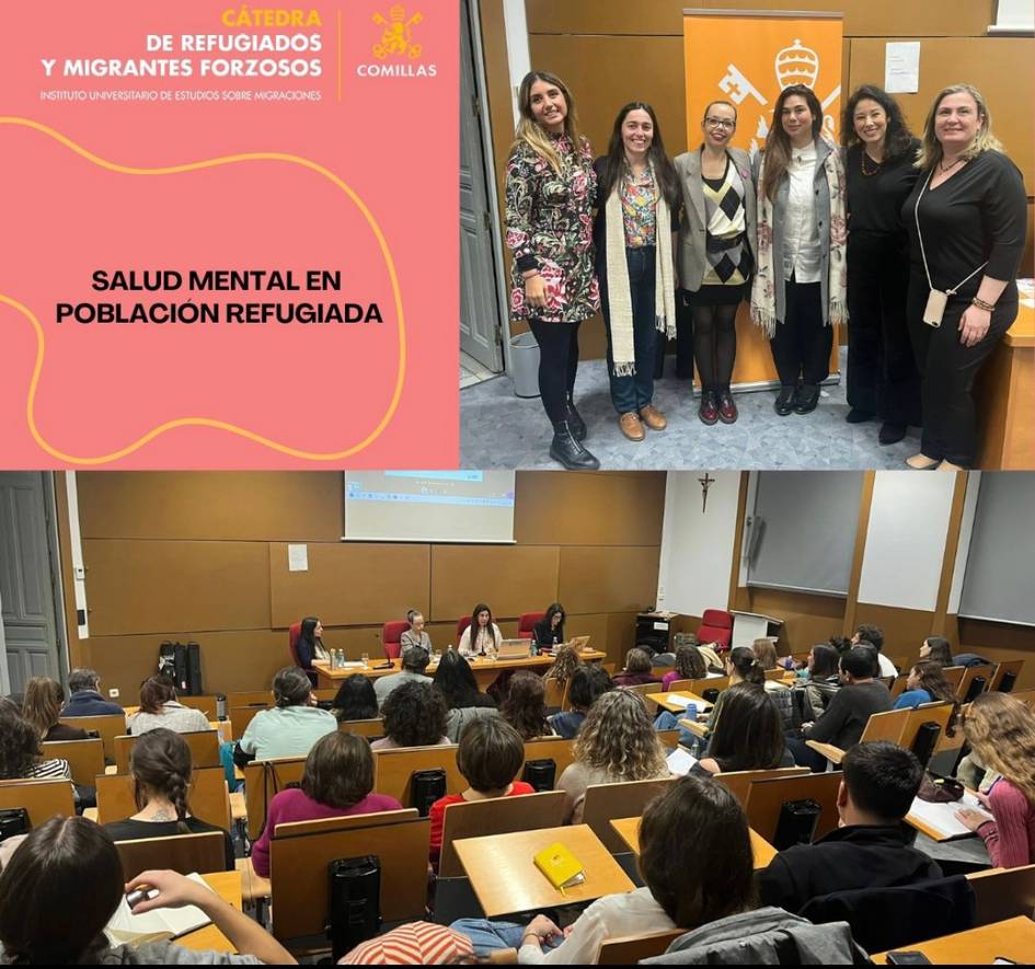 The image depicts two scenes related to refugee mental health, with a group of professional women posing in one scene and a lecture about refugee mental health in progress in another.