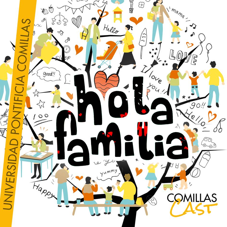 Colorful illustration featuring diverse people engaging in various activities, centered around the theme 'hola familia', likely for a university event.